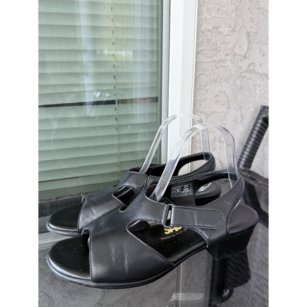SAS Leather Tripad Comfort Block Heel Sandals Womens 8.5 W Wide Black Orthopedic